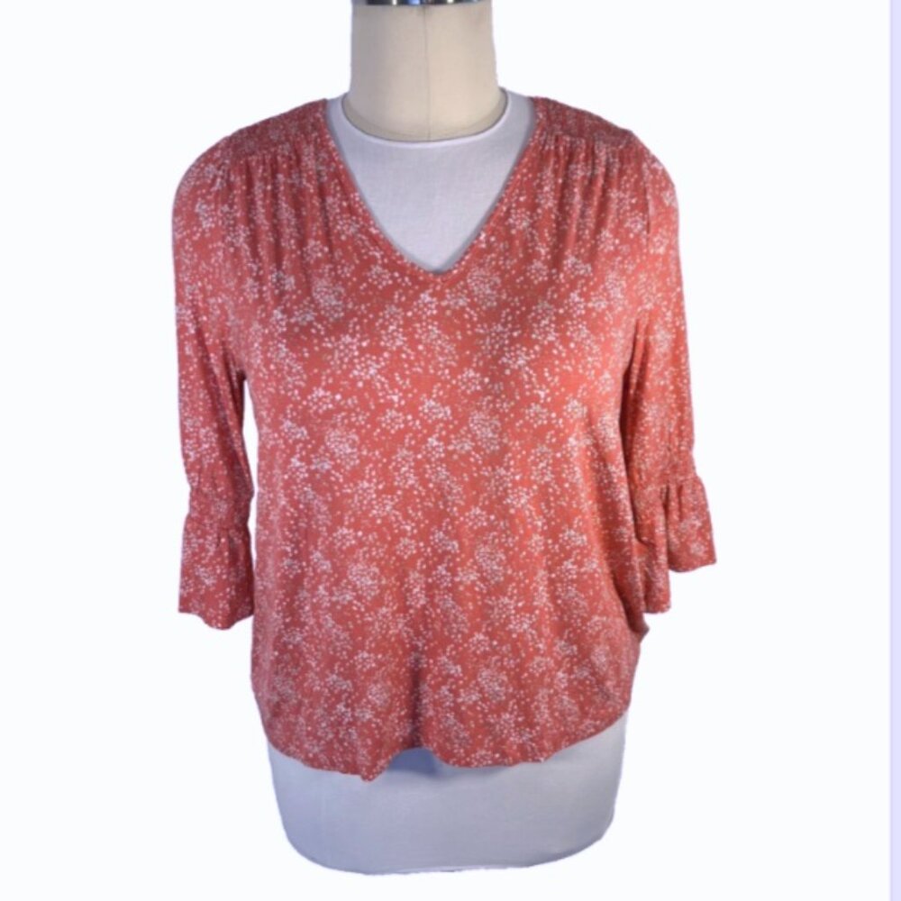Style & Co Blouse Women's XL 3/4 Bell Sleeve V-Neck Abstract Speck Print Flared